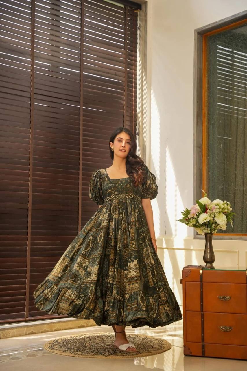 Beautiful Party Wear Look Gown With Printed And Frill Work