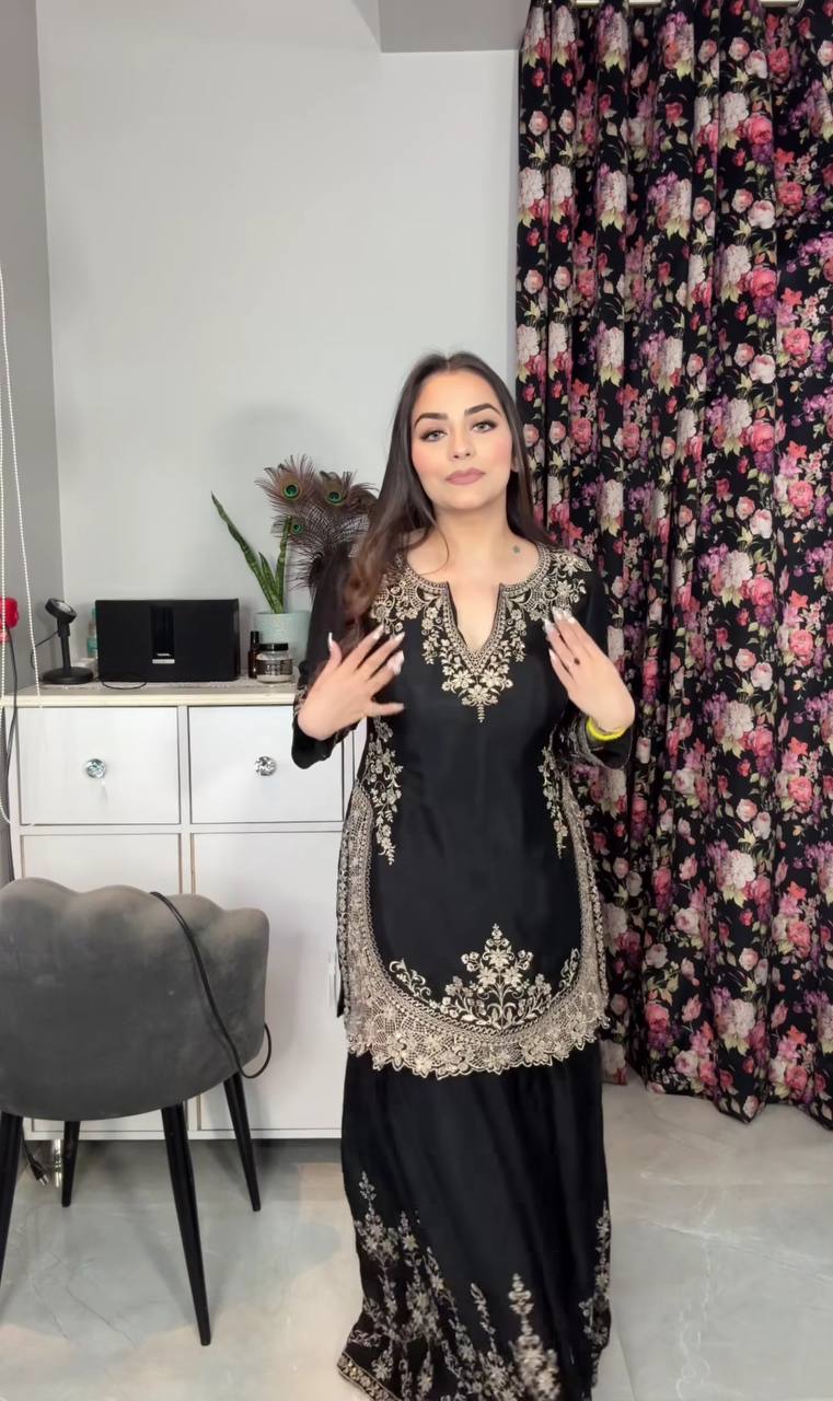 डिज़ाइनर पार्टी वियर लुक टॉप, शरारा प्लाज़ो और दुपट्टा