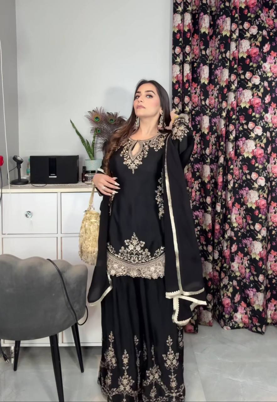 डिज़ाइनर पार्टी वियर लुक टॉप, शरारा प्लाज़ो और दुपट्टा