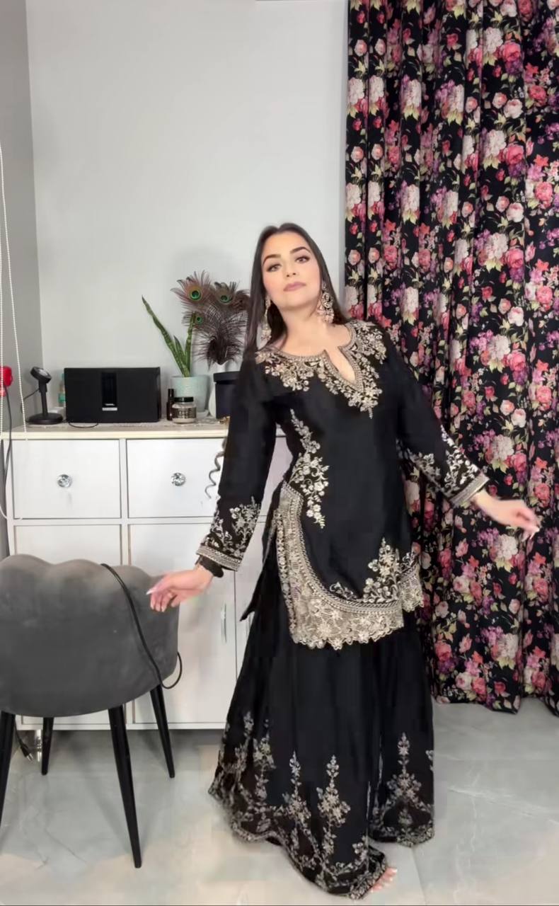 डिज़ाइनर पार्टी वियर लुक टॉप, शरारा प्लाज़ो और दुपट्टा