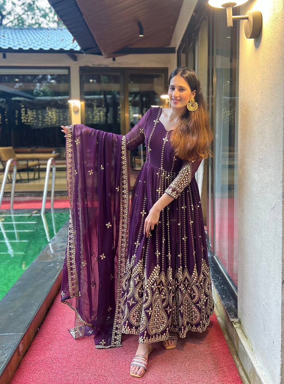 Designer Anarkali Gown With Sequence And Embroidery Work