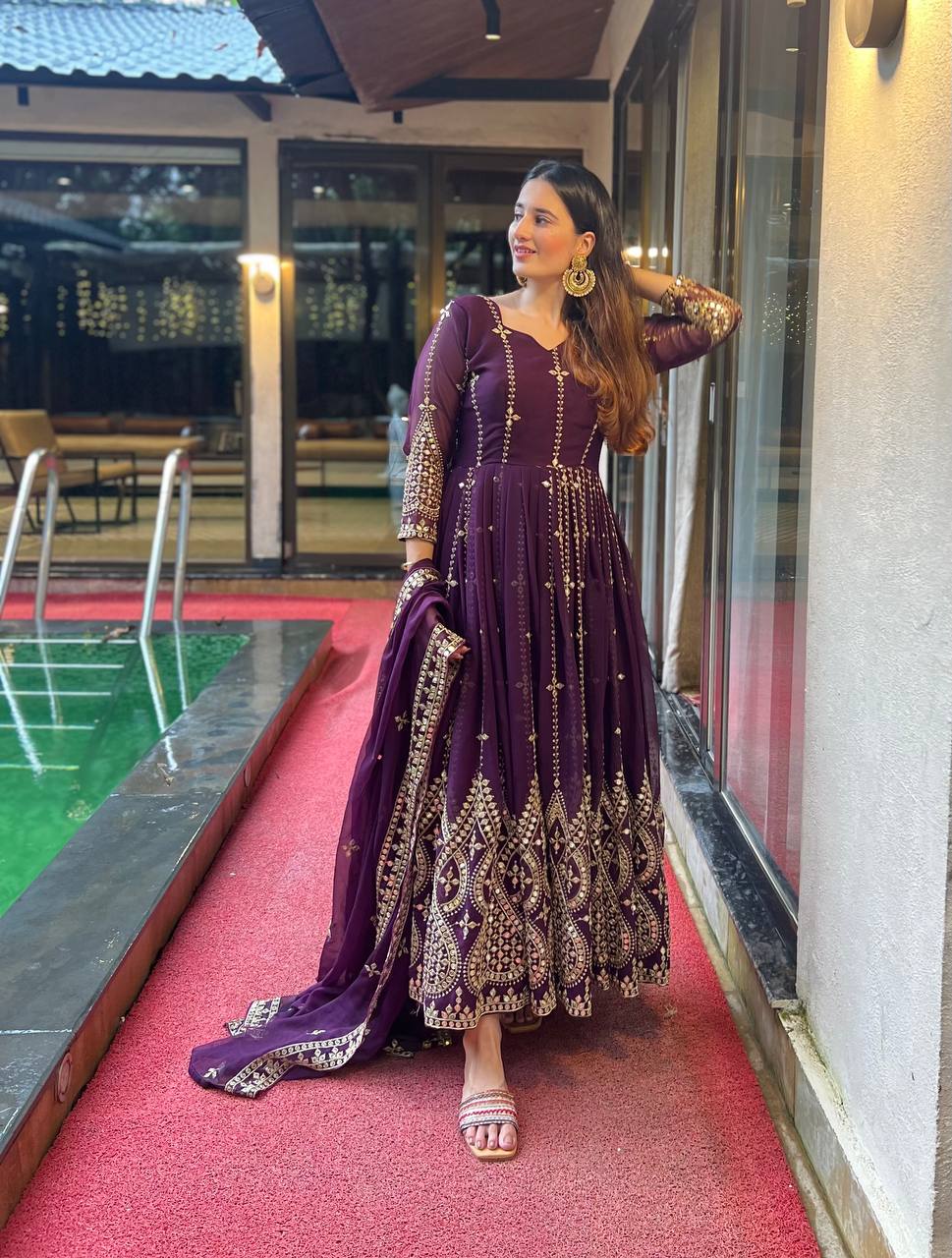 Designer Anarkali Gown With Sequence And Embroidery Work