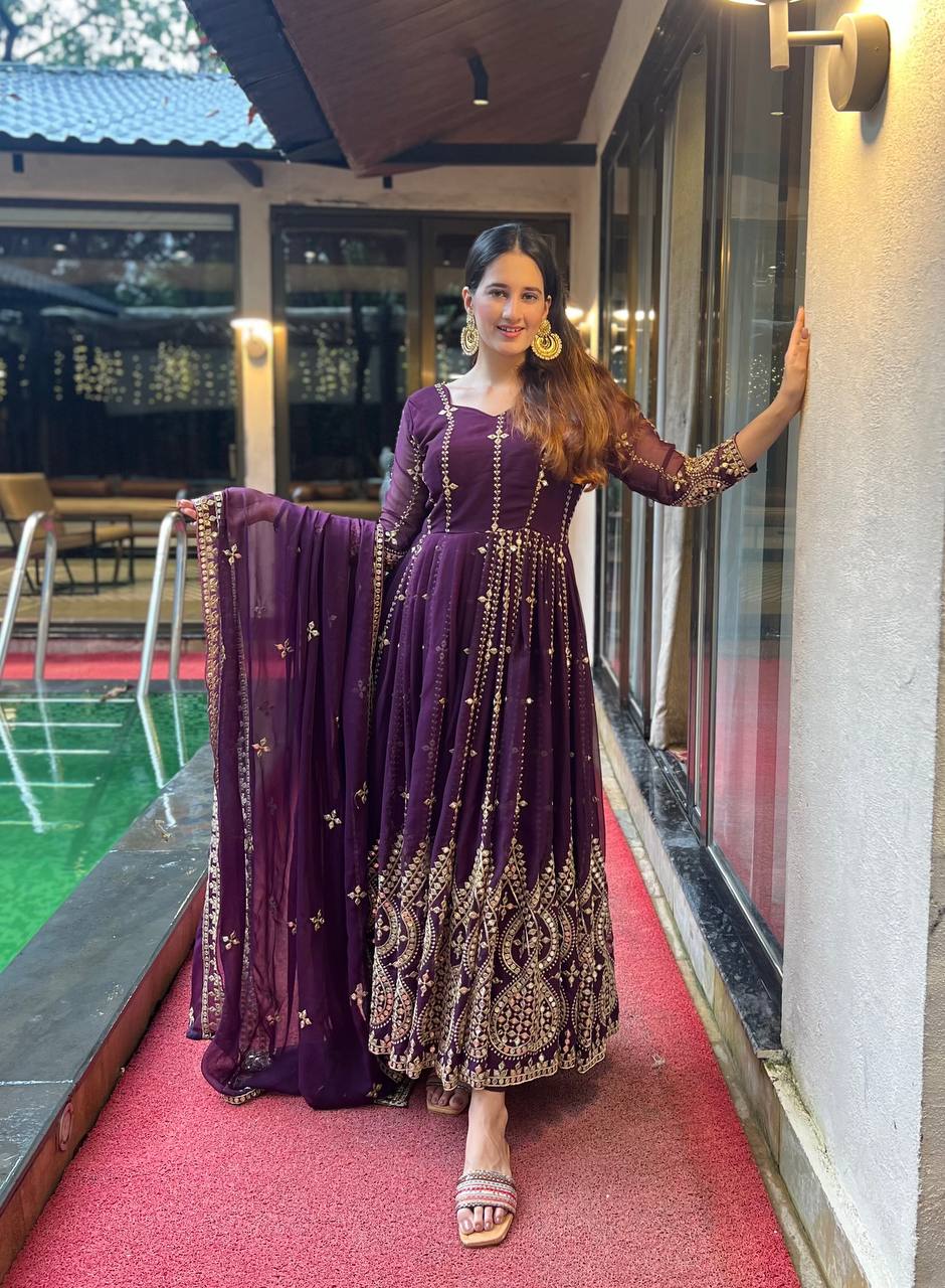 Designer Anarkali Gown With Sequence And Embroidery Work