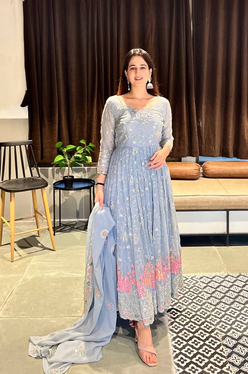 Designer Anarkali Gown With Sequence And Embroidery Work