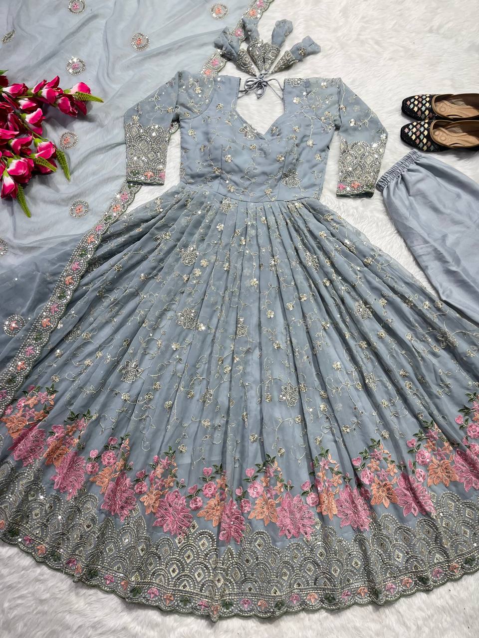 Designer Anarkali Gown With Sequence And Embroidery Work